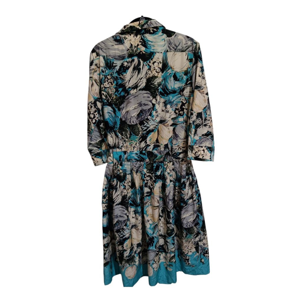 Nicole Farhi Silk Blend Turquoise Floral Button Up Belted Retro Midi Dress - Picture 12 of 16